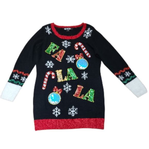 United States Sweaters Sequin Holiday Sweater Dress Size L Black Christmas Tunic - Picture 2 of 10